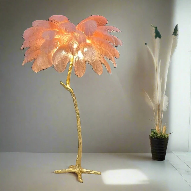 J.Y.R® Ostrich Feather Lamp - Artistic and elegant lamp with copper body and natural ostrich hair feathers. Includes 4 E14 LED bulbs.