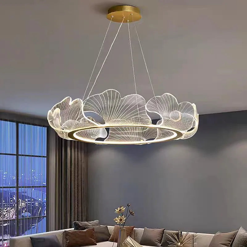 J.Y.R® Luxury Lotus Leaf LED Chandelier - Artistic butterfly ring design, perfect for dining rooms and living spaces. High-quality acrylic and metal construction.