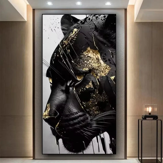 J.Y.R® Black Panther Gold Abstract Canvas Art – expressive black and gold artwork for bold interiors, unframed.