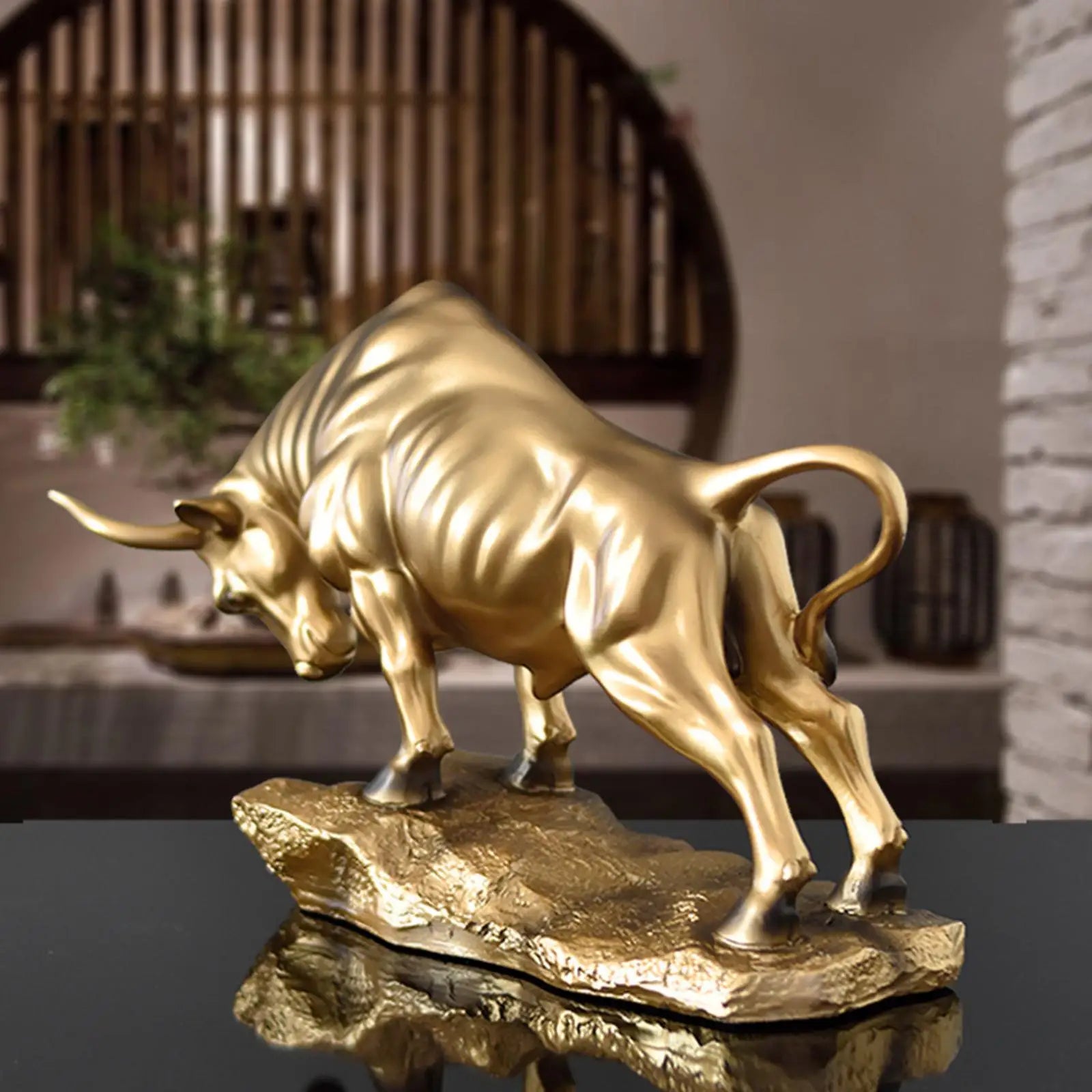 J.Y.R® BullRun Golden Bull Sculpture – elegant golden resin statue of a bull for modern decor.