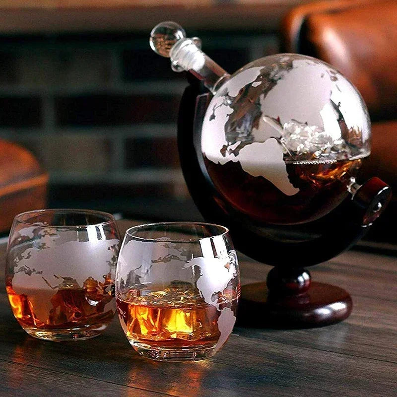  J.Y.R® Celestial Globe Decanter Set – Handcrafted globe-shaped decanter with wooden stand and two whisky glasses.