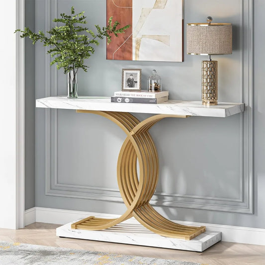 J.Y.R® Modern Gold Console Table - Elegant 39” entryway table with geometric metal legs and a glossy white tabletop. Perfect for foyers or living rooms.