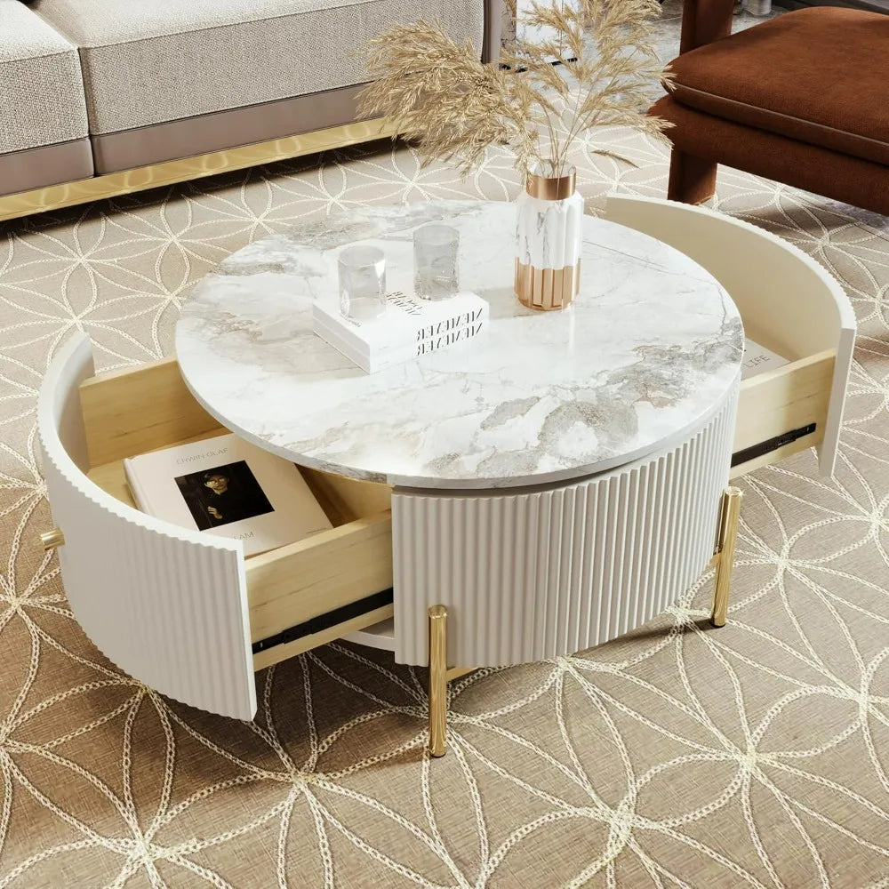 J.Y.R® 31.5” Modern Round Coffee Table – Sleek white table with dual storage drawers, perfect for modern living rooms.