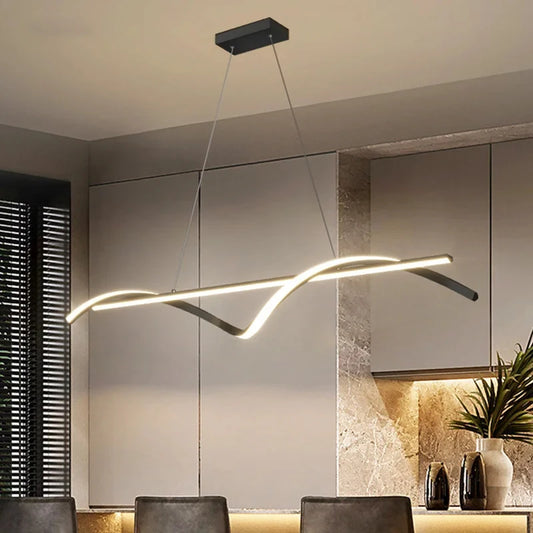 J.Y.R® Modern Wave LED Pendant Light – minimalist wave-shaped LED light for modern interiors, adjustable height.