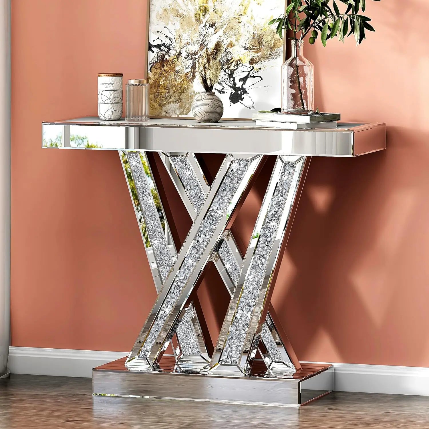 J.Y.R® Silver Console Table - Reflective mirrored surface and crystal inlays. A stunning addition to contemporary home decor.