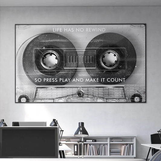 Motivational Art Print – "Life Has No Rewind" black and white canvas with cassette design, no frame.