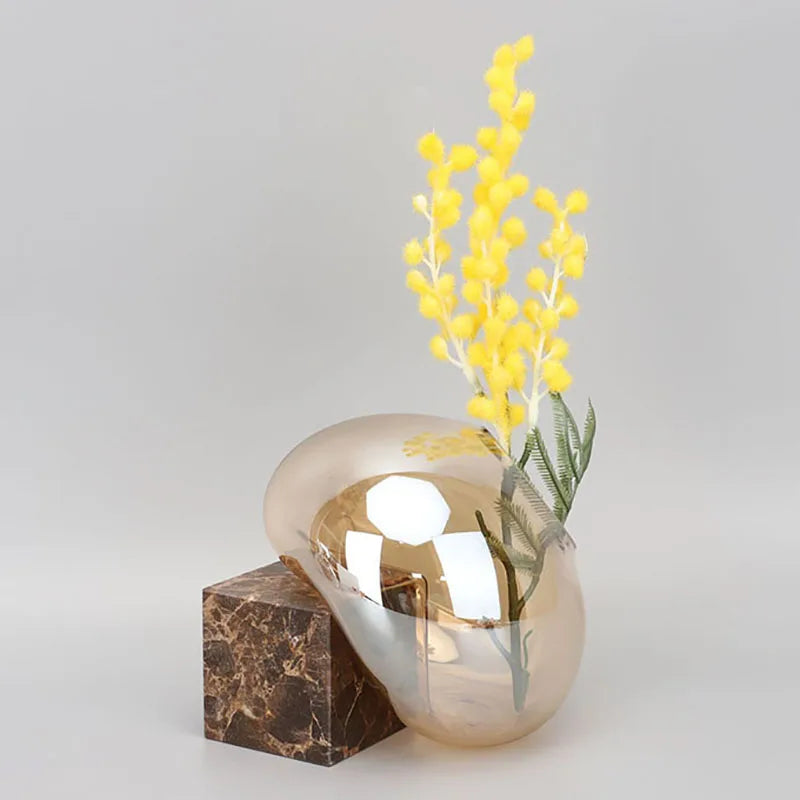 J.Y.R® Transparent Brown Glass Vase with a Creative Marble Base