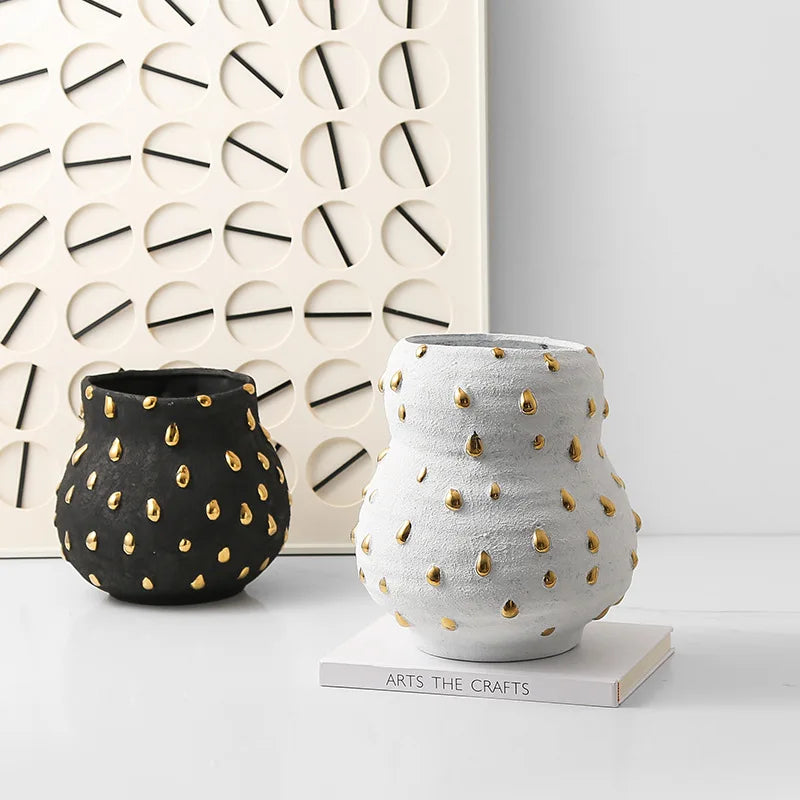 J.Y.R® Irregular Polka Dot Ceramic Vase with Gold Bead Accents