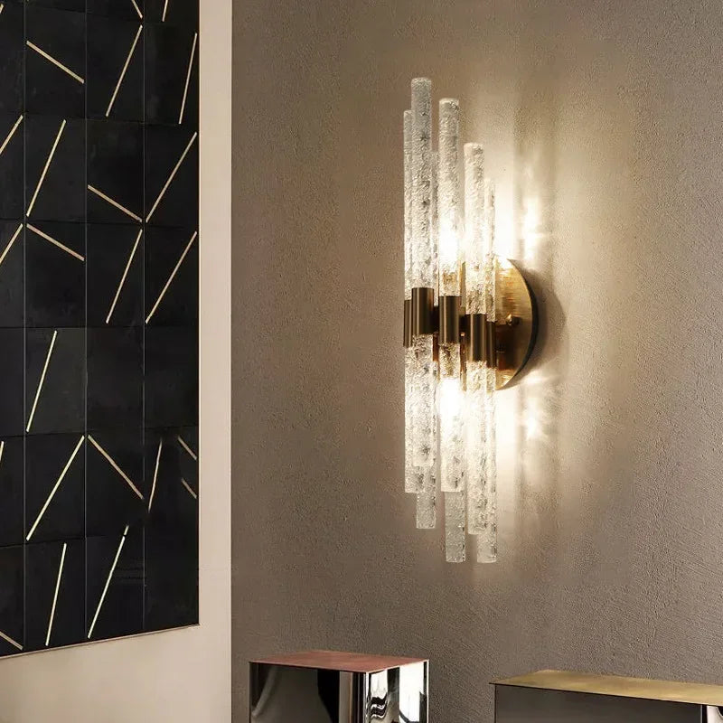 J.Y.R® Crystal Wall Lamp illuminating a living room with soft LED lighting, adding a touch of luxury to the decor.