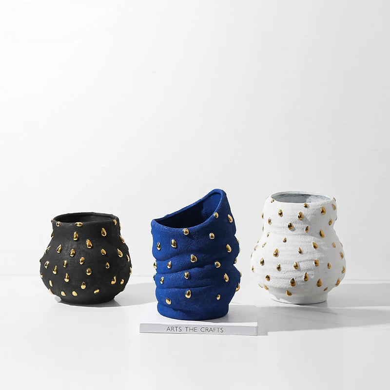 J.Y.R® Irregular Polka Dot Ceramic Vase with Gold Bead Accents