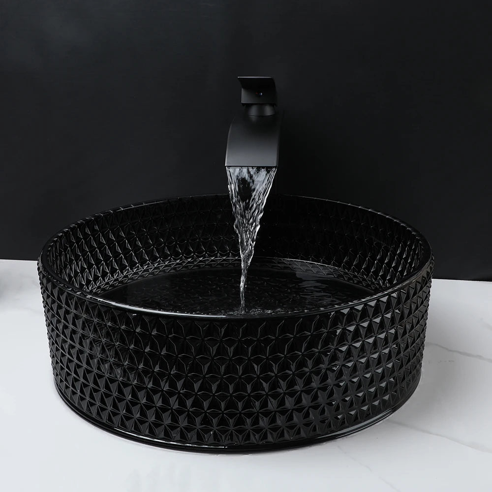 J.Y.R® Black Crystal Glass Bathroom Vessel Sink and Faucet