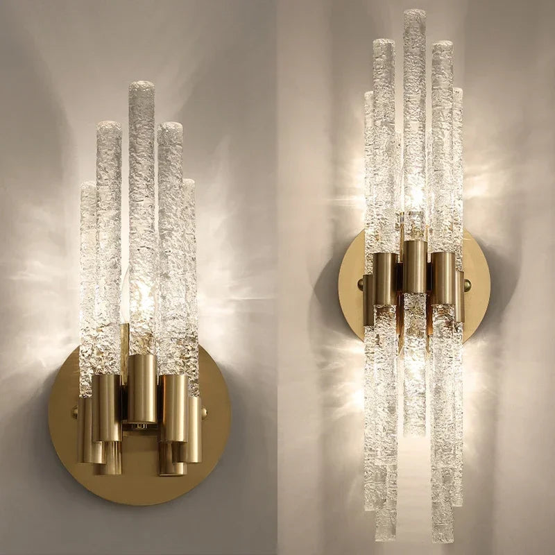 J.Y.R® Modern Water Ripple Crystal Wall Lamp mounted on a wall, showcasing its minimalist design and crystal accents.